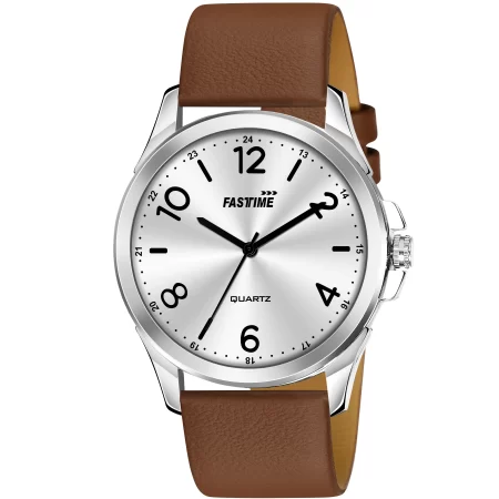 Vintage Brown, FastTime Men's Analog Watch, Silver Dial, Black Numerals & Brown Leather Strap