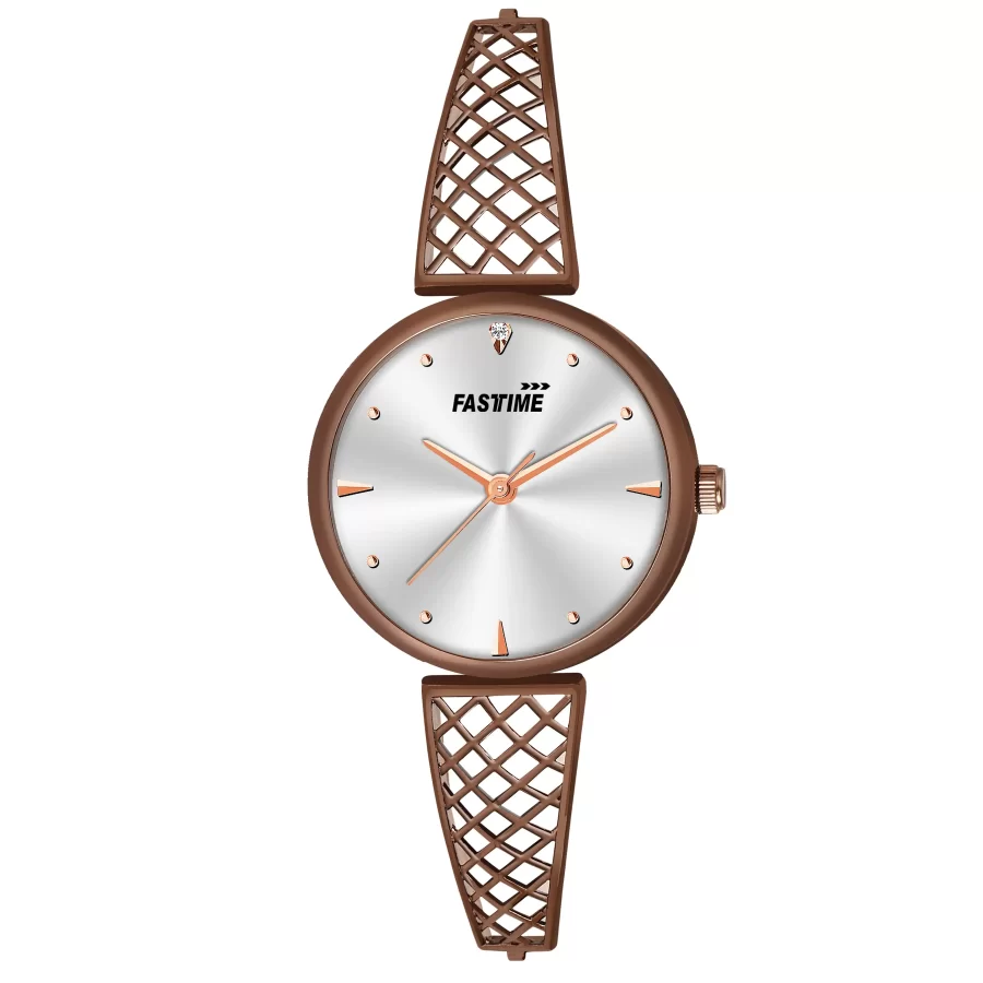 Sienna Grace, Women's Analog Watch, Silver Dial | Cocoa Brown Lattice Strap