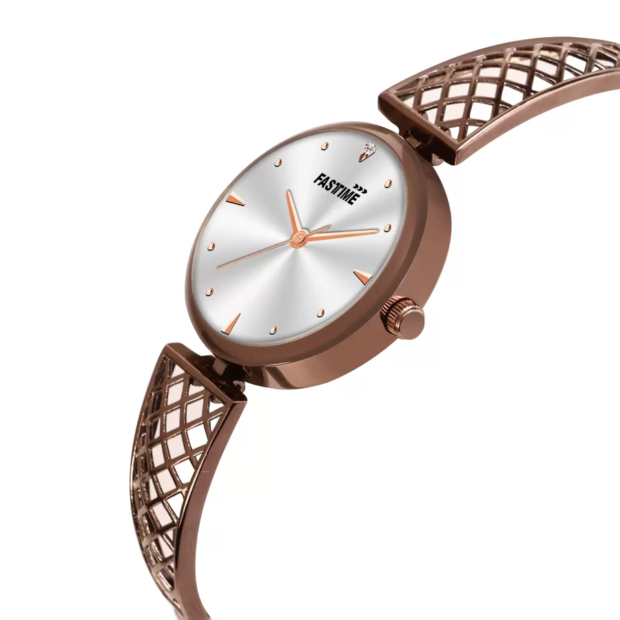 Sienna Grace, Women's Analog Watch, Silver Dial | Cocoa Brown Lattice Strap - Image 2
