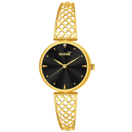 Noir Luxe, Women's Analog Watch, Black Dial | Gold Lattice Strap