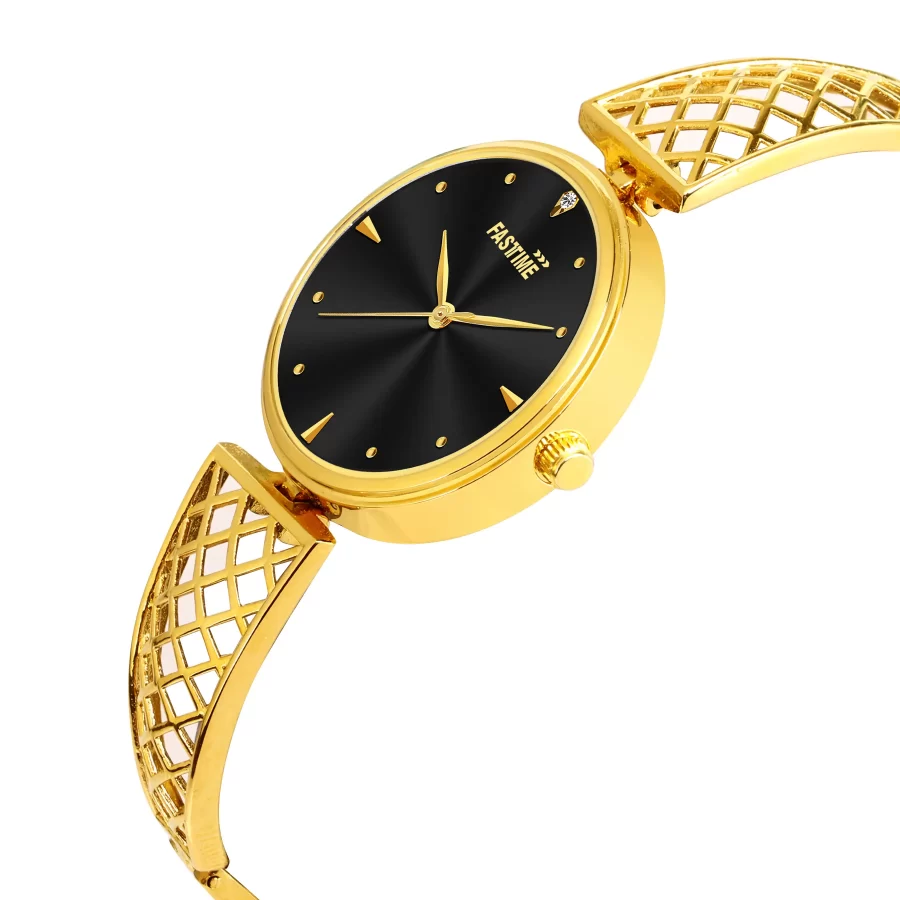 Noir Luxe, Women's Analog Watch, Black Dial | Gold Lattice Strap - Image 2