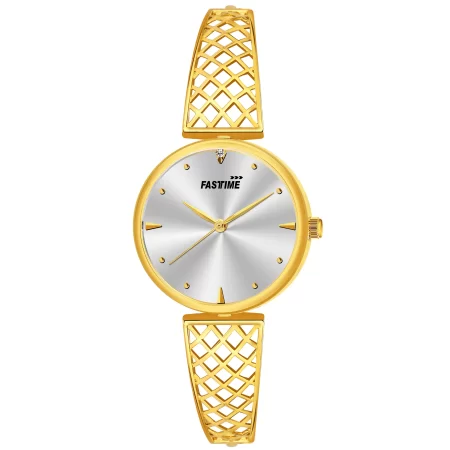 Solar Veil, Women's Analog Watch, Silver Dial | Gold Lattice Strap