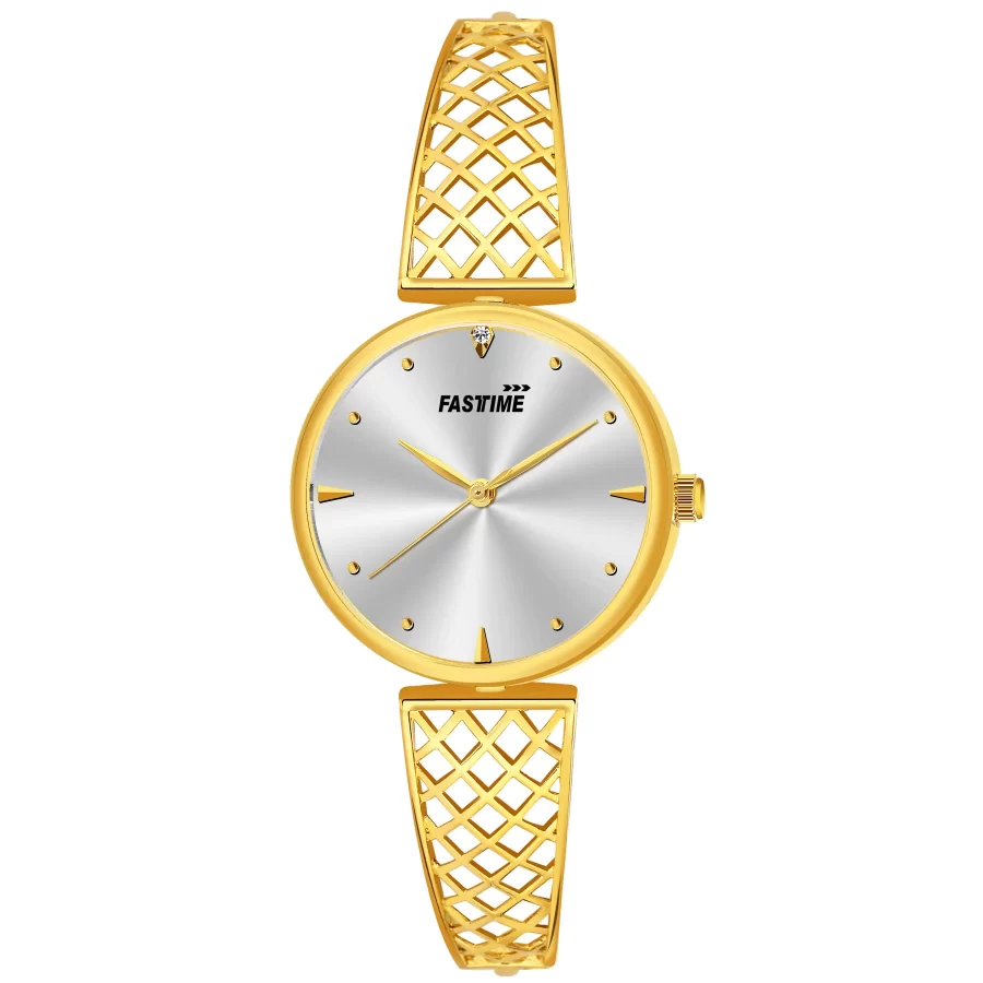 Solar Veil, Women's Analog Watch, Silver Dial | Gold Lattice Strap