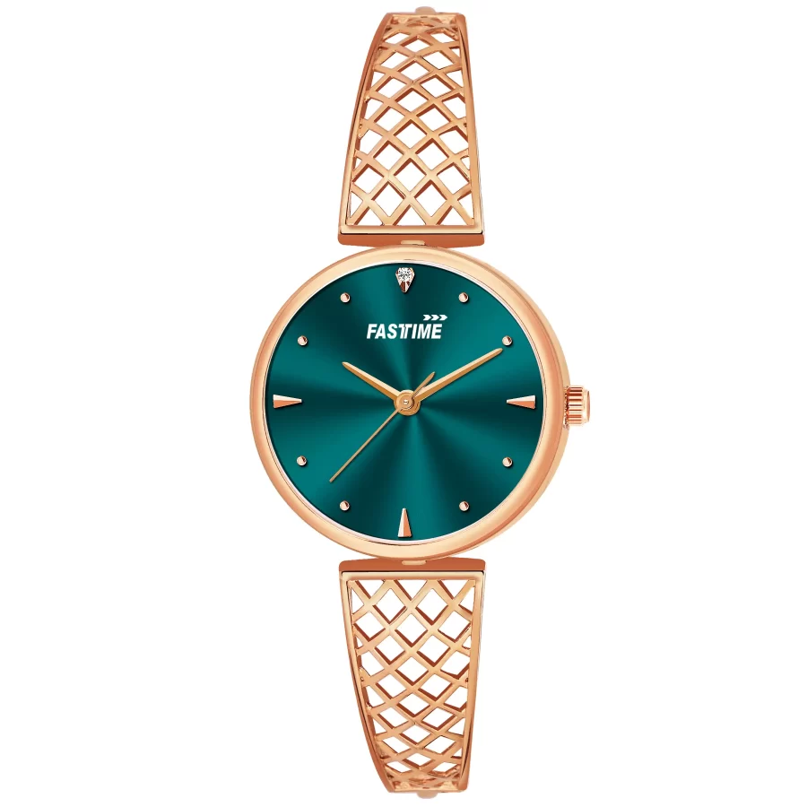 Verdant Crown, Women's Analog Watch, Emerald Green Dial | Rose Gold Lattice Strap