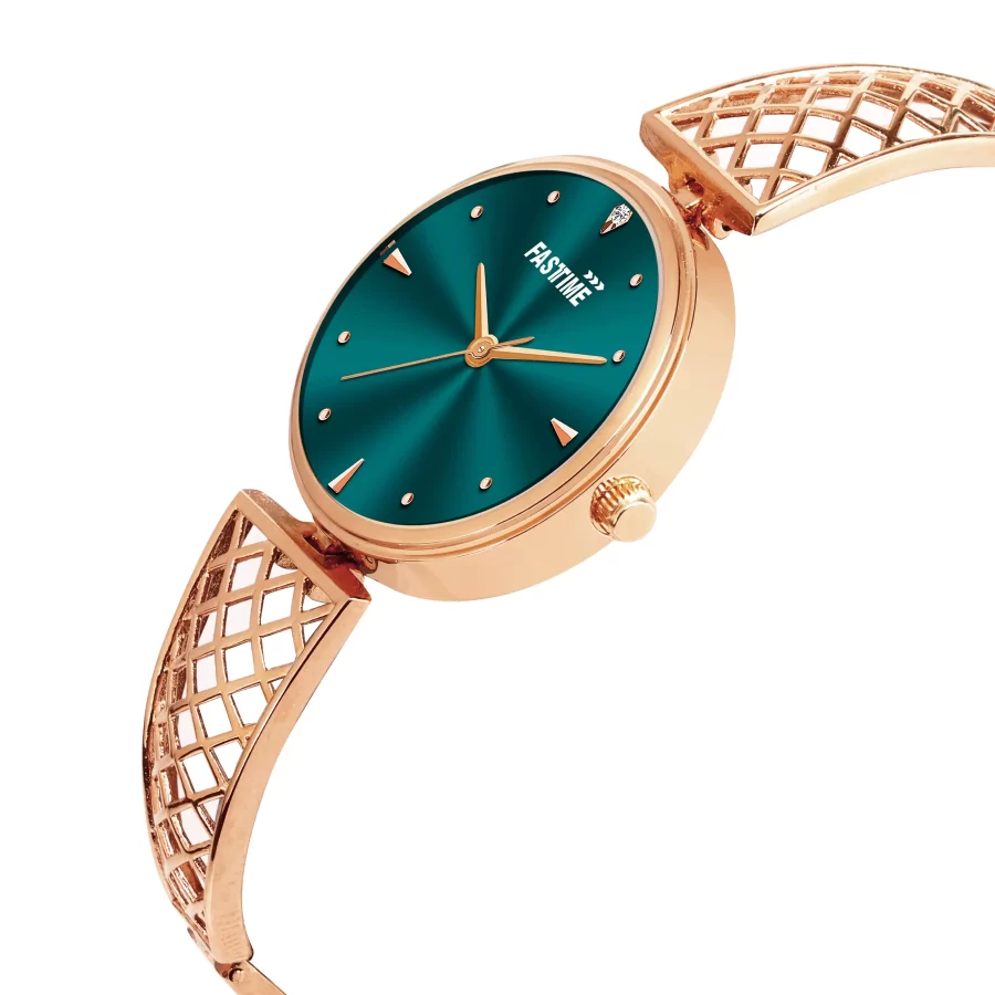Verdant Crown, Women's Analog Watch, Emerald Green Dial | Rose Gold Lattice Strap - Image 2